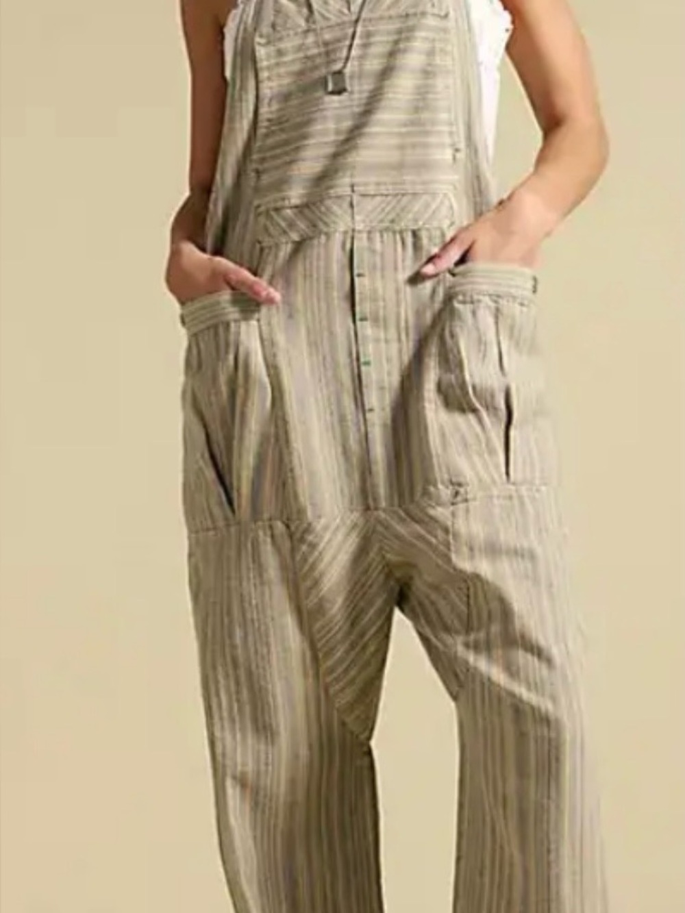 Free People Beige Striped Overalls Jumpsuit